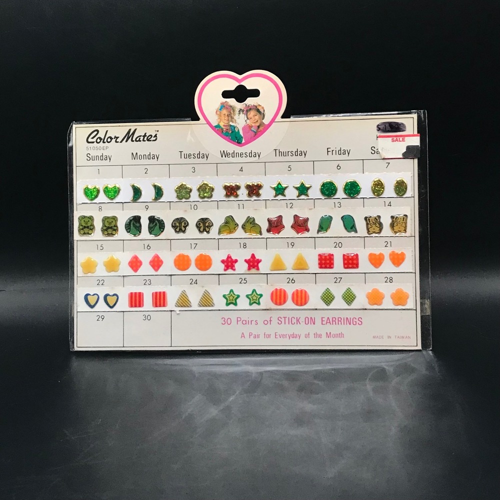 Vintage Color Mates 30 Pairs Stick-On Earrings Retro 80s 90s Girls Fashion Green